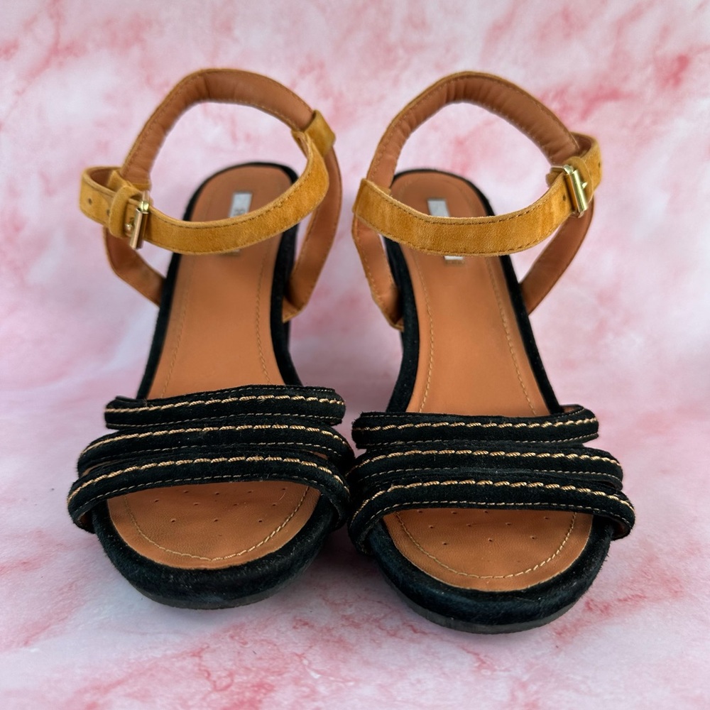 Geox Respira Black Tan Ankle Strap Block Heel Sandals 37